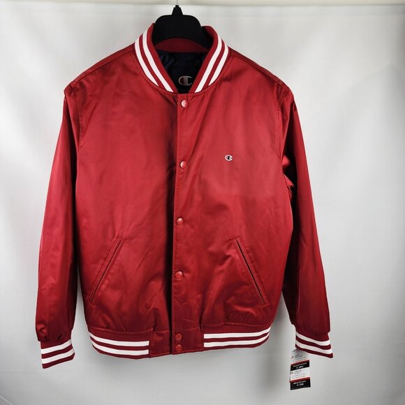 Champion Jacket Mens Medium Red Classic Logo Varsity Jacket Striped Trim NWT - Picture 1 of 11